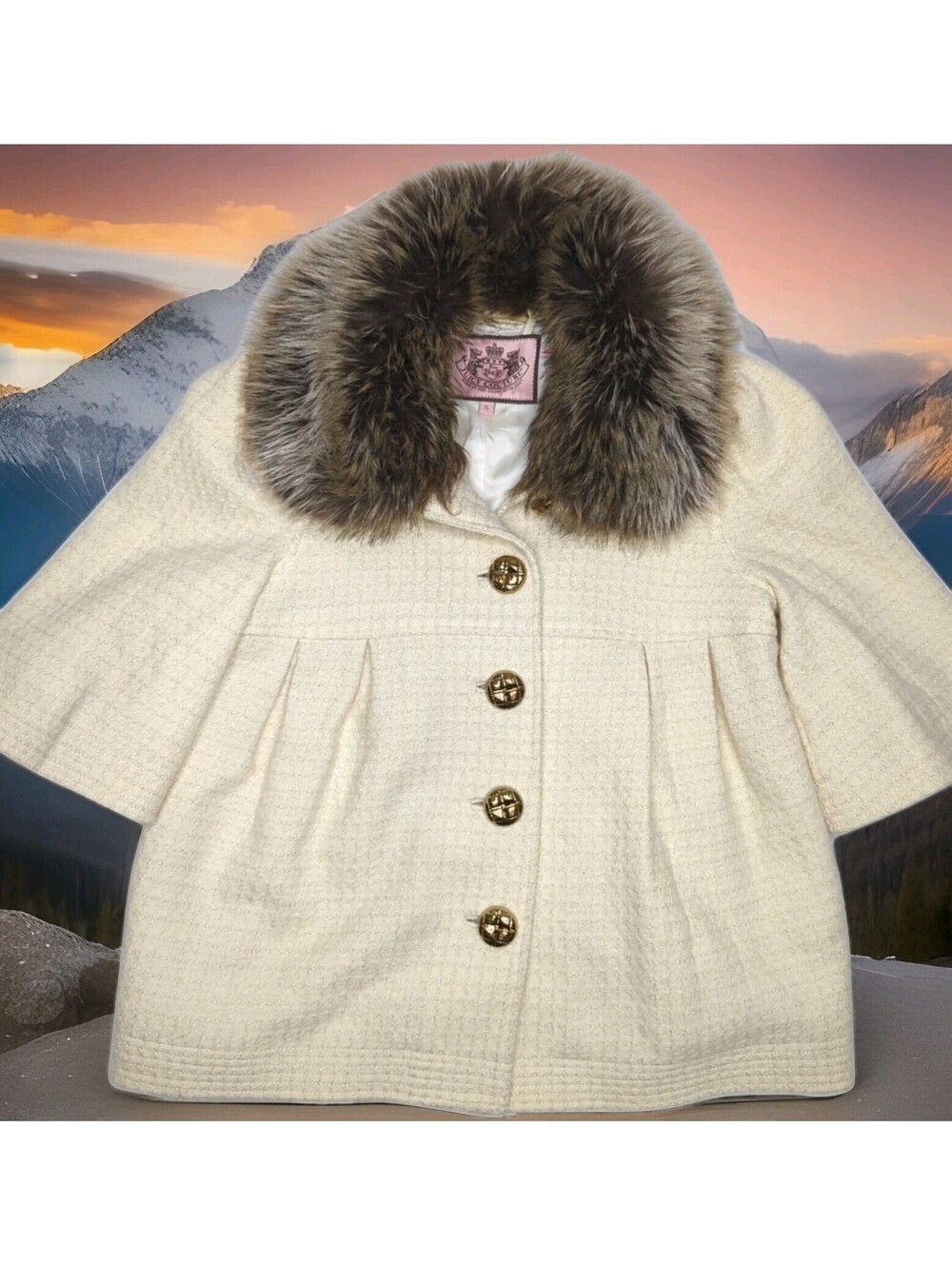 Juicy Couture Wool Coat Formal Jacket Fur Collar Cropped Sleeve White Car Small - Picture 3 of 9